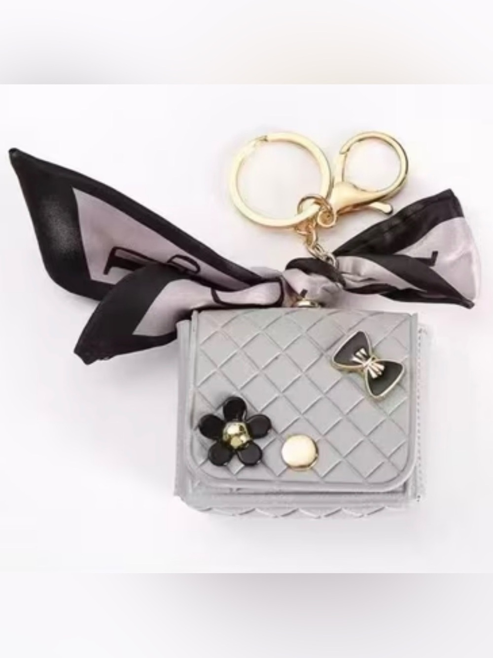 Gray Quilted Mini Wallet Keychain with Bow & Flower Accents